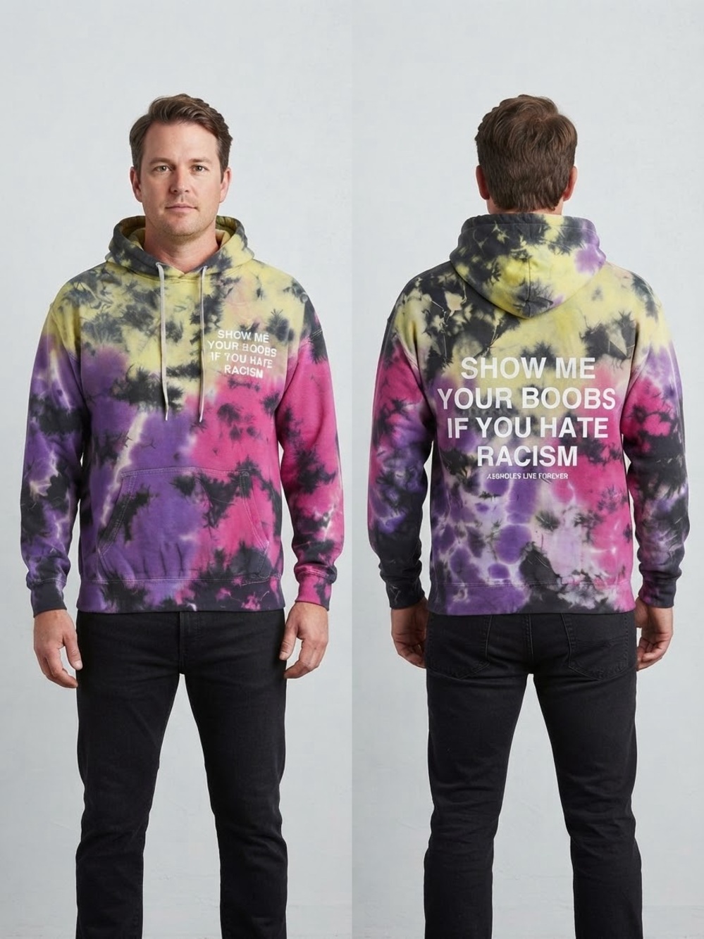 A$$holes Live Forever Tie Dye Graphic Hoodie Bold Statement Sweatshirt M